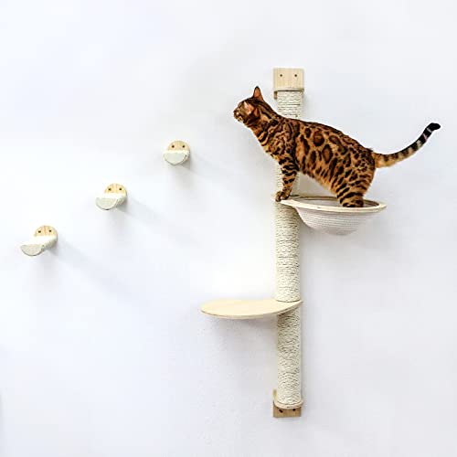 Cat Wall Mounted Scratching Post, Cat Shelves with Wood Steps and Woven Hammock, Cat Activity Tree with Scratching Posts and Three Steps