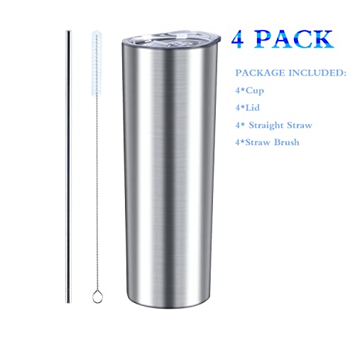 Cosictic 20 Oz Skinny Tumbler Set Of 4, Slim Insulated Stainless Steel Travel Tumbler With Lid And Straw, Skinny Water Tumbler For Diy Birthday Gift, Silver #TOP6
