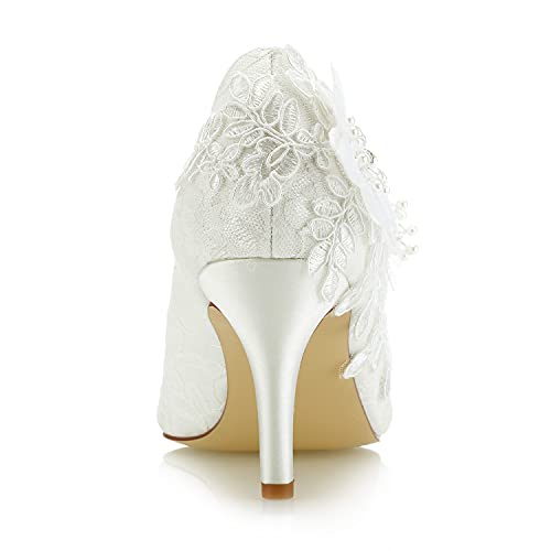 JIAJIA 1622 Women's Bridal Shoes Closed Toe 3.14" Stiletto Heel Lace Satin Pumps Satin Flower Imitation Pearl Wedding Shoes4