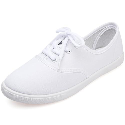 Image of Womens White Canvas Sneakers Lightweight Lace Up Fashion Comfortable Canvas Shoes Low Top Slip On Casual Tennis Walking Shoes Women Footwear