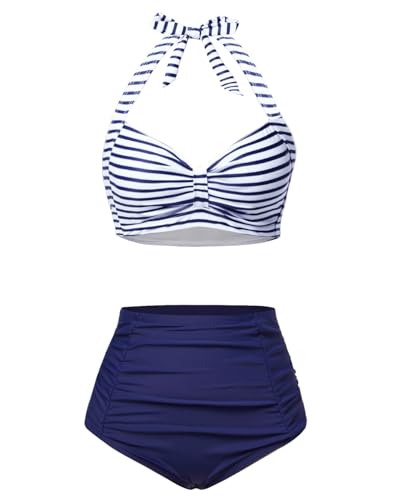 Holipick Blue Stripe Women High Waisted Bikini Set Two Piece Swimsuit Tummy Control Bathing Suit Vintage Halter Swimwear S