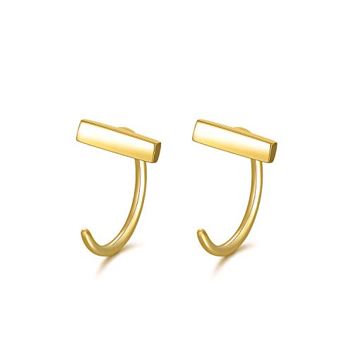 14K Gold Bar Half Huggie Hoop Earrings For Women, Mini Stick T Bar Piercing Hoop Cuff Studs Earrings Hypoallergenic Jewelry For Girls Teens #TOP2