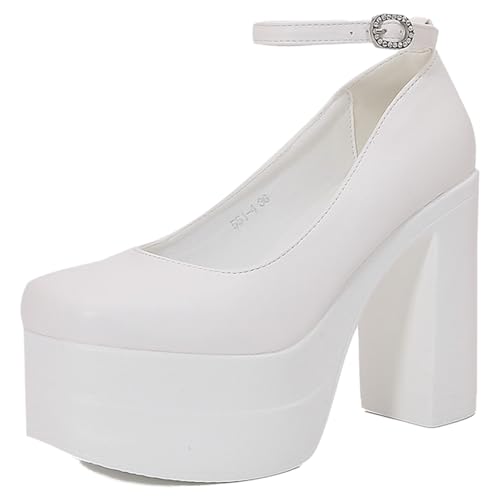 Women's Waterproof Platform High Chunky Heel Round Toe Pumps with Adjustable Rhinestone Buckle Sexy Super High Heel Comfortable Non-Slip Goth Shoes for Party Prom Wedding Dress