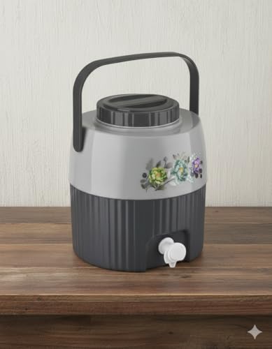 Image of Insulated Plastic Water Jug with Floral Design, 5 litres, Food Grade, BPA Free, Easy to Carry Handle, Green and Cream, Ideal for Office, Travel, Picnic and Kitchen (Gray)