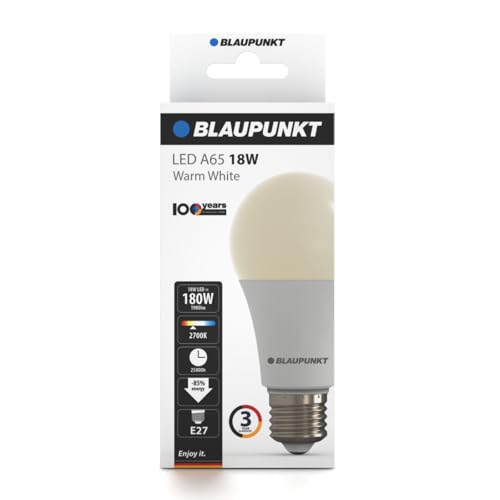 Blaupunkt LED Leuchtmittel Klassisch A65 LED Lampe, E27 Sockel, 18W, Ersetzt 180W Glühlampen, Warmweiß 2700K, gelbes Licht, nicht dimmbar, 1980 lumen, Glühbirnen, Raumbeleuchtung, 1 Stück (1er Pack)