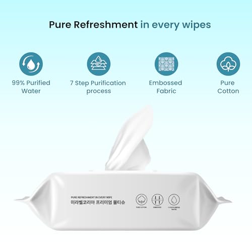 Image of Mirabelle Korea Wet Wipes for Face with Lid - 100 wipes | 99% Pure Water, fragrance free | Makeup Remover Wipes | Hydrating & Refreshing | Korean Skincare | All Skin Types | Baby & Adult Safe