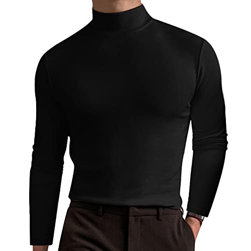 Camiseta térmica para hombre de invierno de manga larga con cuello medio, forro polar monocolor, parte interior elástica, ajustada, sudadera para hombre, delgada, falda básica, Negro , 3XL