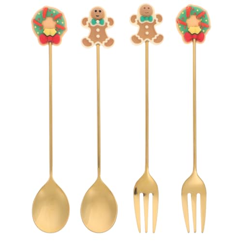 CHILDWEET Juego de Cubiertos de Navidad 4 Piezas de Cuchara y Tenedor de Acero Inoxidable, Diseño Elementos Navideños, Bordes Redondeados y Cómodos para Postres