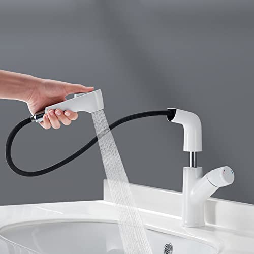 WOTZOV Grifo de Lavabo con rociador extraíble, Giratorio, telescópico, de latón, para baño, con Agua Caliente y fría, Color Blanco