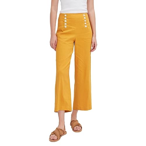 ASSUAL Women's Linen Blend Mid-High Waist Vintage Button Sailor Pants 079