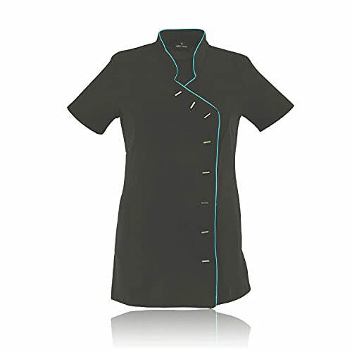 Beauty Tunic Hairdresser SPA Nail Salon Beautician Therapist Massaging Uniform Work Wear Cloths (Black/Sky, 8)