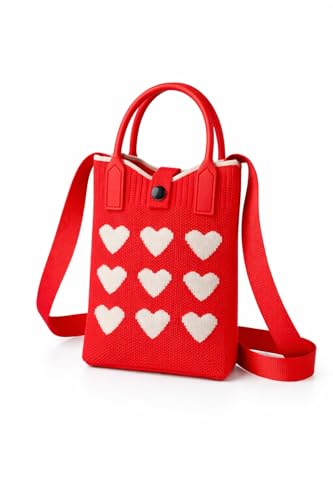 Mini Bolsa Transversal para Celular Feminina em Poliéster Estilo Tricô com Alça Ajustável, Bolsa Porta Celular Compacta para Passeio, Viagem e Dia a Dia (Vermelho)