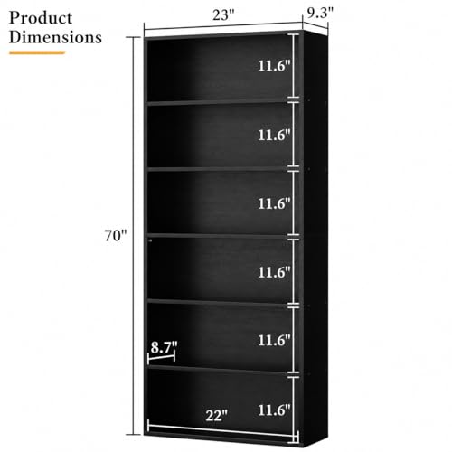 Image of 6-Tier Bookshelf, Modern Open Bookcase,6 Shelf Display Storage Shelves Floor Standing, 71 inches Tall Shelves for Home Office, Black