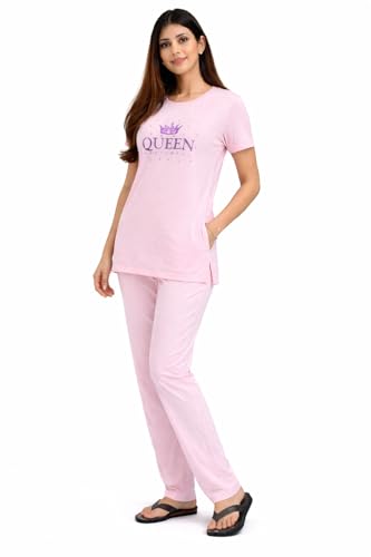 Image of KIAWAH Women's Cotton Night Suit, Long Top and Pajama Set, Round Neck, Short Sleeve,