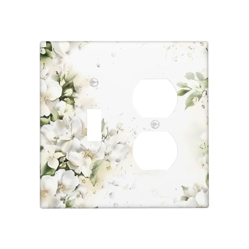 Decorative Outlet Covers Rustic Ink Green Leaves White Florals Flower 2 Gang Outlet Cover Wall Plate Single Toggle Duplex Light Switch Cover Plate Switch Plate Covers for Bedroom Decor