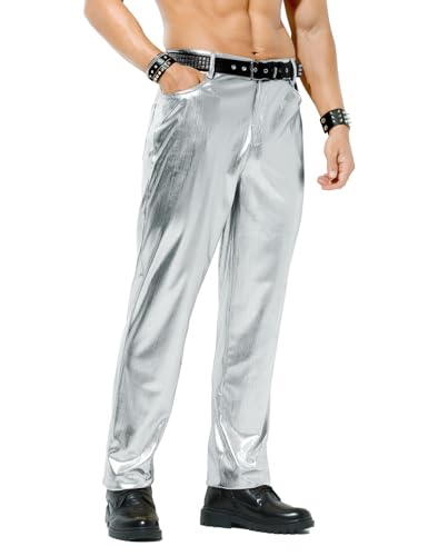 Arjen Kroos Men's Metallic Disco Shiny Pants Wedding Party Prom Straight Leg Trousers