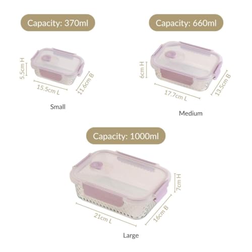 Image of Nestasia Glass Container with Lid for Kitchen Set of 3 (370ml, 660ml, 1L) - Airtight Diamond Embossed Food Container with Air Vent for Fridge Storage | Dishwasher, Microwave & Freezer Safe Container