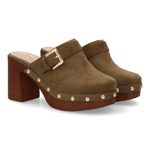 99760 Zueco de Tacon Ancho con Plataforma, Diseno Tipo Sueco para Mujer. Estilo Artesanal, Suela de Madera Sintetica, Punta Cerrada Tachuelas metalicas y Hebilla Decorativa, Primavera Verde Talla 39