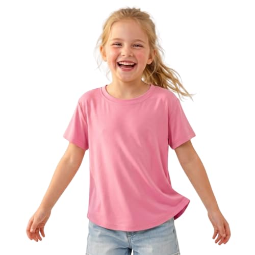 Image of WELAKEN Girls Soft T-Shirt with Curved Hem, Breathable Stretchy Rayon Crewneck Short Sleeve Tees, Kids Everyday Basic Top