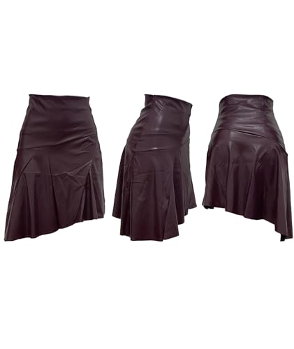 SOMTHRON Women's PU Faux Leather Skirt High Waisted Irregular Ruffle Pleated High Low Midi Skirt4