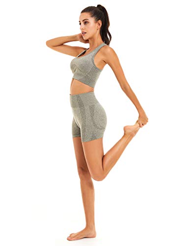 Toplook Women Seamless Yoga Workout Set 2 Piece Outfits Gym Shorts Sports Bra (Khaki Green, Medium)
