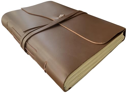Rustic Town Full Grain Leather Photo Album with Gift Box - Scrapbook Style Pages (Large Brown)