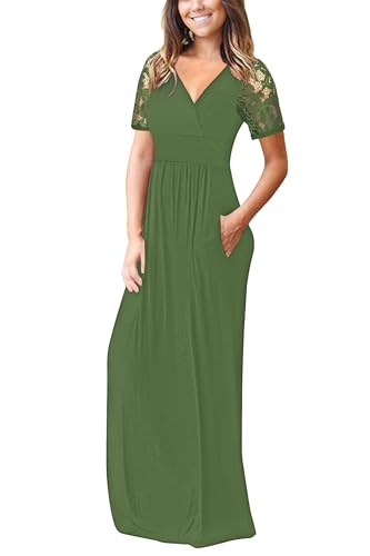 Image of AUSELILY Maxi Dresses for Women Summer Lace Short Sleeve V Neck Wrap Dress | Lace Short Sleeve, Two Pockets, V-Neck Wrap Waist Long Dress