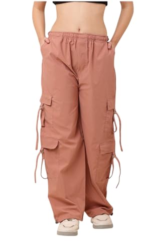 Image of SQew Women's High Waist Baggy Cargo Pants | Loose Fit Parachute Utility Trousers with Multiple Pockets | Casual Streetwear Pants