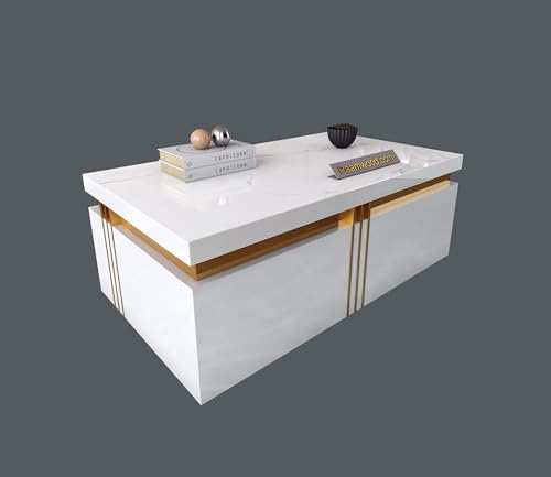 Image of Premium Marble-Top Wooden Center Table for Living Room | Coffee Table | Contemporary Design Craftsmanship (White - 42x24x17 Inch)
