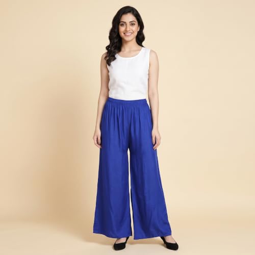 Image of FASHION GALLERY Women's Solid Rayon Palazzo Pants | Relaxed Fit Full Length Wide Leg Palazzo | Elastic Waist Comfortable Casual Lounge Office Ethnic Flared Trousers for Women