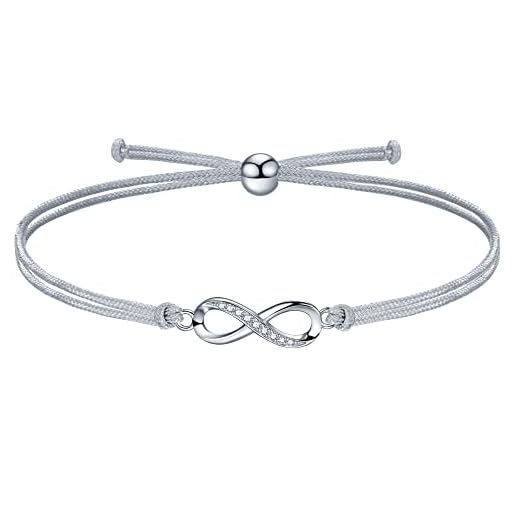 J.Endéar Mujer Niña Pulsera Infinito Plata de Ley 925 Hecho a mano Filigrana Cordón Joyería Infinito Amor San Valentín Cumpleaños Comunión Regalo, Gris