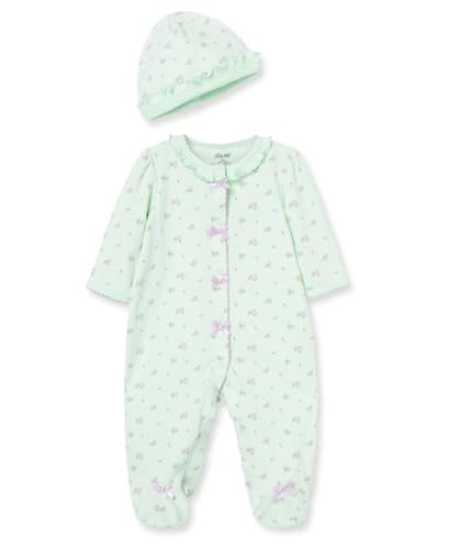 Image of Little Me Clothes for Baby Girls 100% Cotton Scratch-Free Tag Footed One-Piece Romper and Hat Sleeper Set Preemie to 9 Months