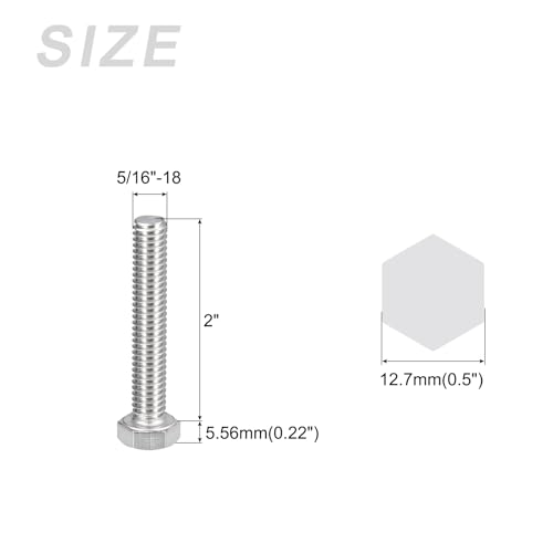 Image of METALLIXITY Hex Head Bolts (5 /16-18 x 2 inch) 15Pcs, 304 Stainless Steel 18-8, Fully Threaded, External Hex Drive, Plain Finish, Hex Head Screw Bolt, Silver