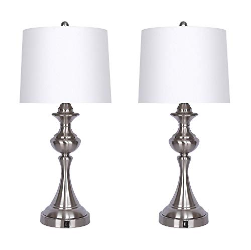 Grandview Gallery Brushed Nickel 28.5" Table Lamp, Set of 2, 3-Way Switch Lamp with White Linen Shade, USB Charger in Lamp Base