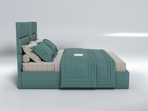 Image of Acacia Modern Upholstered Queen Size Bed with Box Storage for Bedroom | Wooden Double Bed with Storage | Platform Cot Bed with Upholstery Premium Fabric | 6.5 x 5 Ft | Sheesham Wood (Viridian Green)