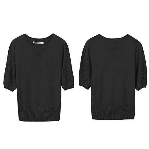 Image of Womens Short Sleeve Sweaters Crewneck Knit Pullover Tops 2025 Summer Casual Lightweight Crochet Blouse Shirt