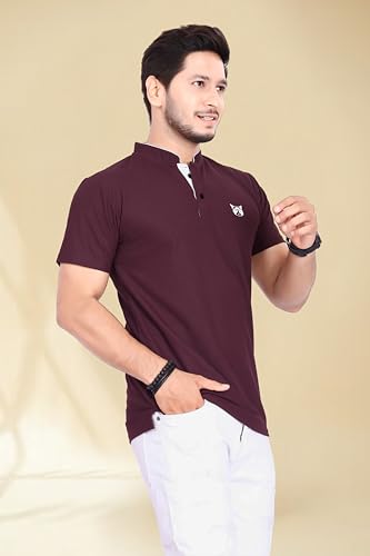 Image of BAGHADBILLO Men's and Boy's Polyster T-Shirt with Mandarin Collared Neck Half Sleeves Closuer Button and Regular Fit | Polo t Shirt for Man