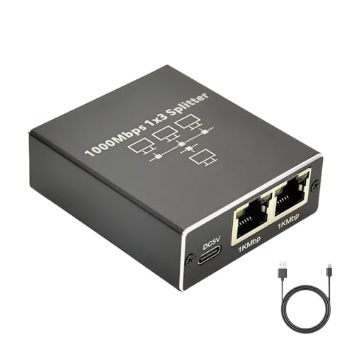 Verazquy Conmutador Gigabit Ethernet 1 a 3, divisor Ethernet de alta velocidad de 1000 Mbps con alimentación USB C de 3 puertos LAN interruptor de red para PC, portátil, PS5, Xbox, router, Smart TV