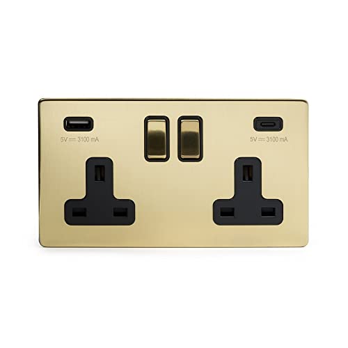BG Electrical Double Switched Power Wall Plug Socket With Super Fast Charge Type A & Type C USB Charging Ports, Evolve, Satin Brass, 13A, 45W, PCDSB22UAC45B