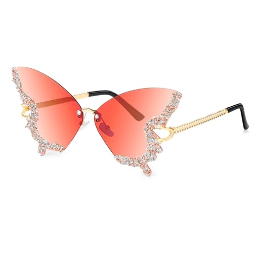 Becellen Lunettes de Soleil Papillon Femme Lunettes Sans Monture Mode en Strass de Couleur Diamant Sunglasses Rave du Festival Lunettes Protection UV400