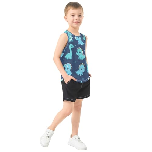 JUNZAN Blue Teal Dinosaur Blue Children Tank Top Sleeveless Kids Vest Toddler T-Shirt for Soccer Teenis Exercise Beach 3T4