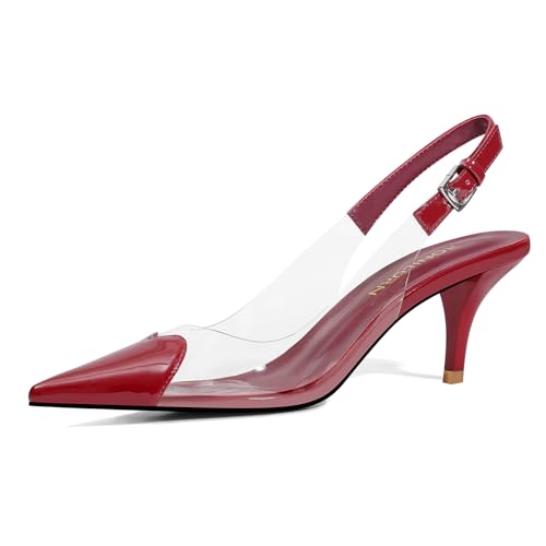 Image of Women's Kitten Heels Clear Slingback Closed Pointed Toe Pumps Low Heel Dress Shoes Sling Back Comfortable Transparent PVC
