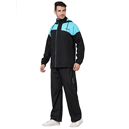 Image of Zeel Rain Coat for Men Waterproof for Bike Riders with Adjustable Hood and Pocket,Waterproof Raincoat with Polyester Jacket Pant and Carrying Pouch,AZ06 Black-Royal Blue XL