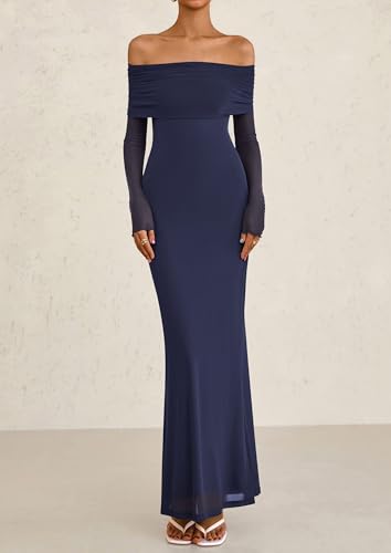 Image of PRETTYGARDEN Fall Dresses for Women 2026 Elegant Off The Shoulder Long Sleeve Formal Wedding Guest Bodycon Maxi Dress