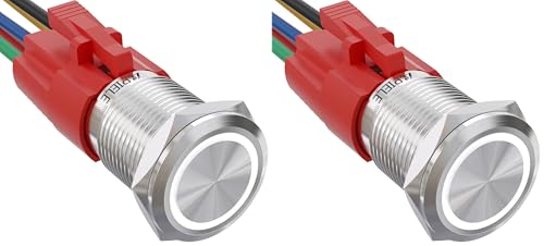 Image of APIELE 16mm Latching Push Button Switch 12V DC Angel Eye Halo Ring LED Metal 1NO1NC SPDT with Wire Socket Plug (White) (Pack of 2)