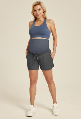 Maternity Casual Shorts for Women Pregnancy High Waist Drawstring Pocketed Shorts Summer Comfy Soft Lounge Shorts Charcoal Gray S — view 3