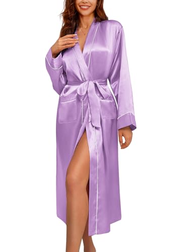 Image of Ekouaer Satin Robes for Women Long Sleeve Silk Bathrobe Soft Lightweight Full Length Sleepwear Bridesmaid Wedding Party Robes