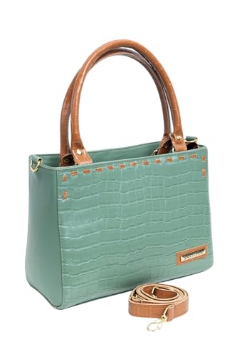 Bolsa Santorini Média Tote Croco Feminina Versátil, Fechamento em Zíper, Bolso Interno com Zíper, com alça transversal (Marrom-Verde)