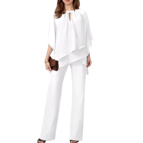 Women's Dressy Casual 2 Piece Outfits Pant Suits for a Wedding 2025 Fall Trendy Irregular Chiffon Wide Leg Pant Sets