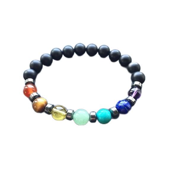 Bracelet 7 chakras et onyx noir porte-bonheur à offrir pour homme et femme stbr-02775